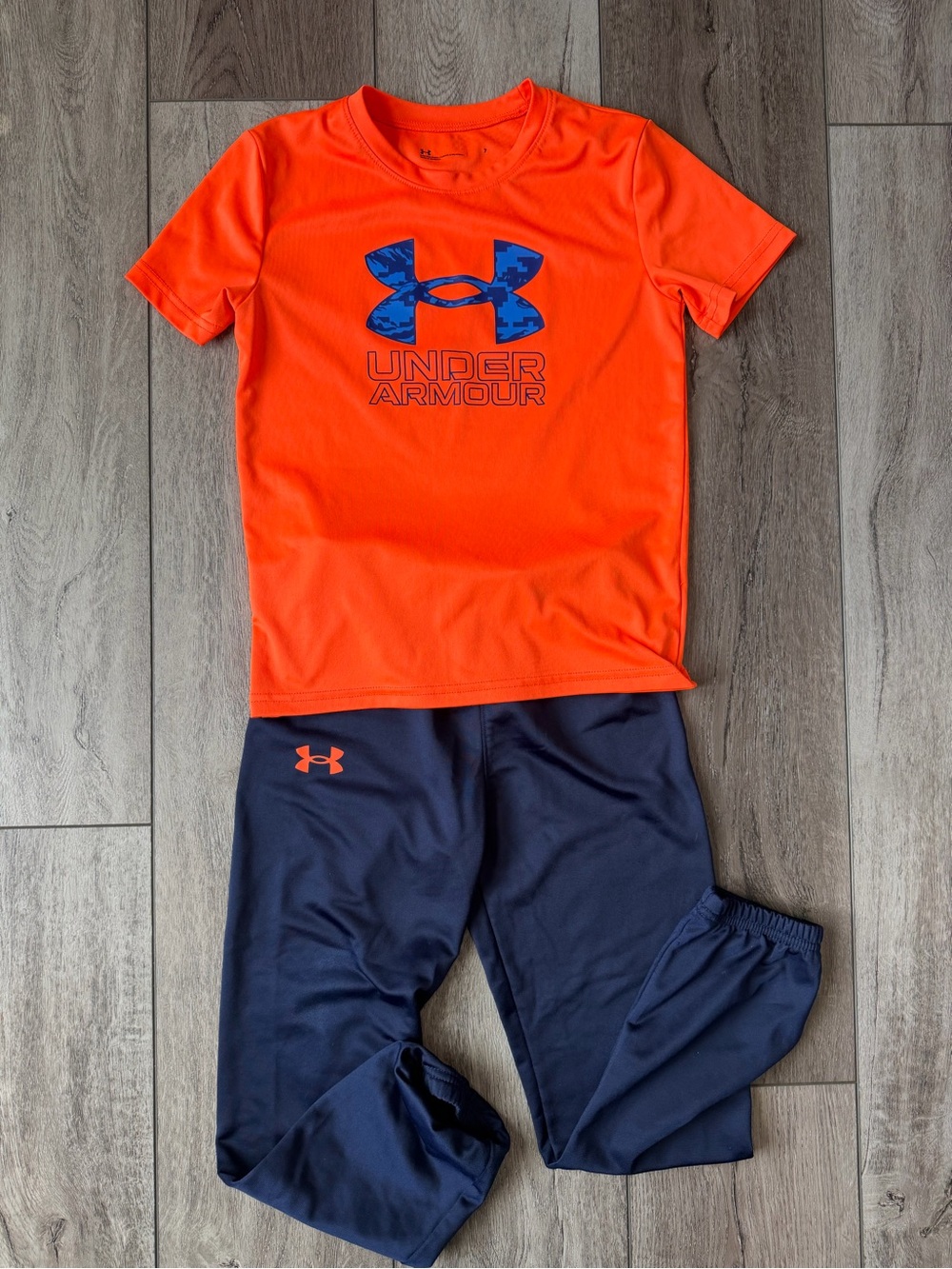 Under Armour Neon Orange Tee with Navy Logo & Navy Pants